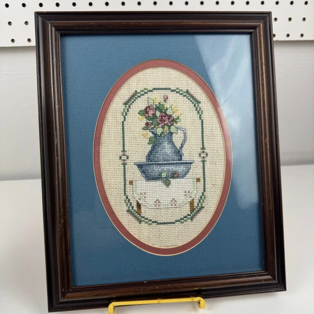 Vtg 1990 Handmade Cross Stitch Blue Pitcher Basin Framed Wall Art Cottage
